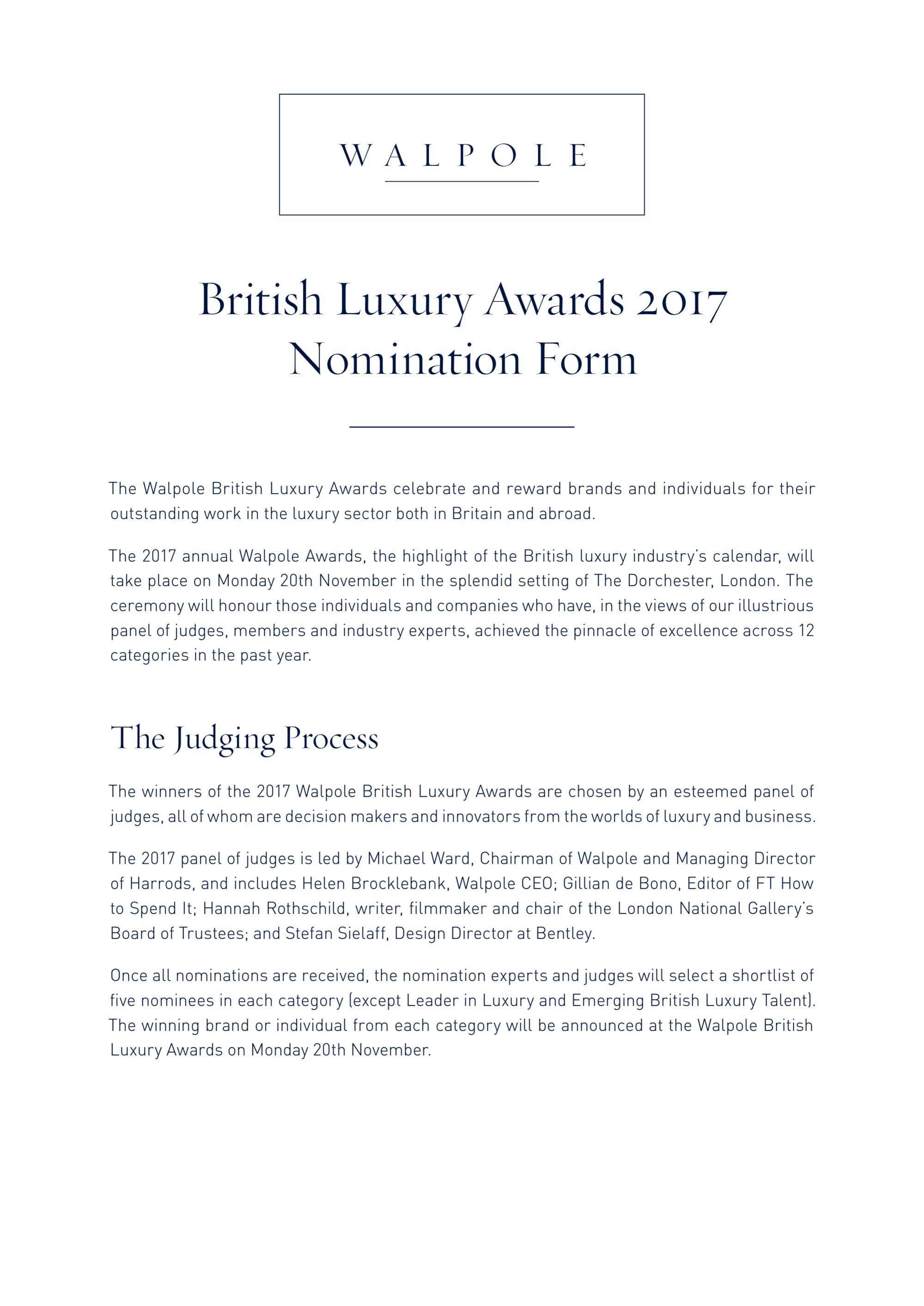 Nominations now open  Walpole British Luxury Awards 2017 