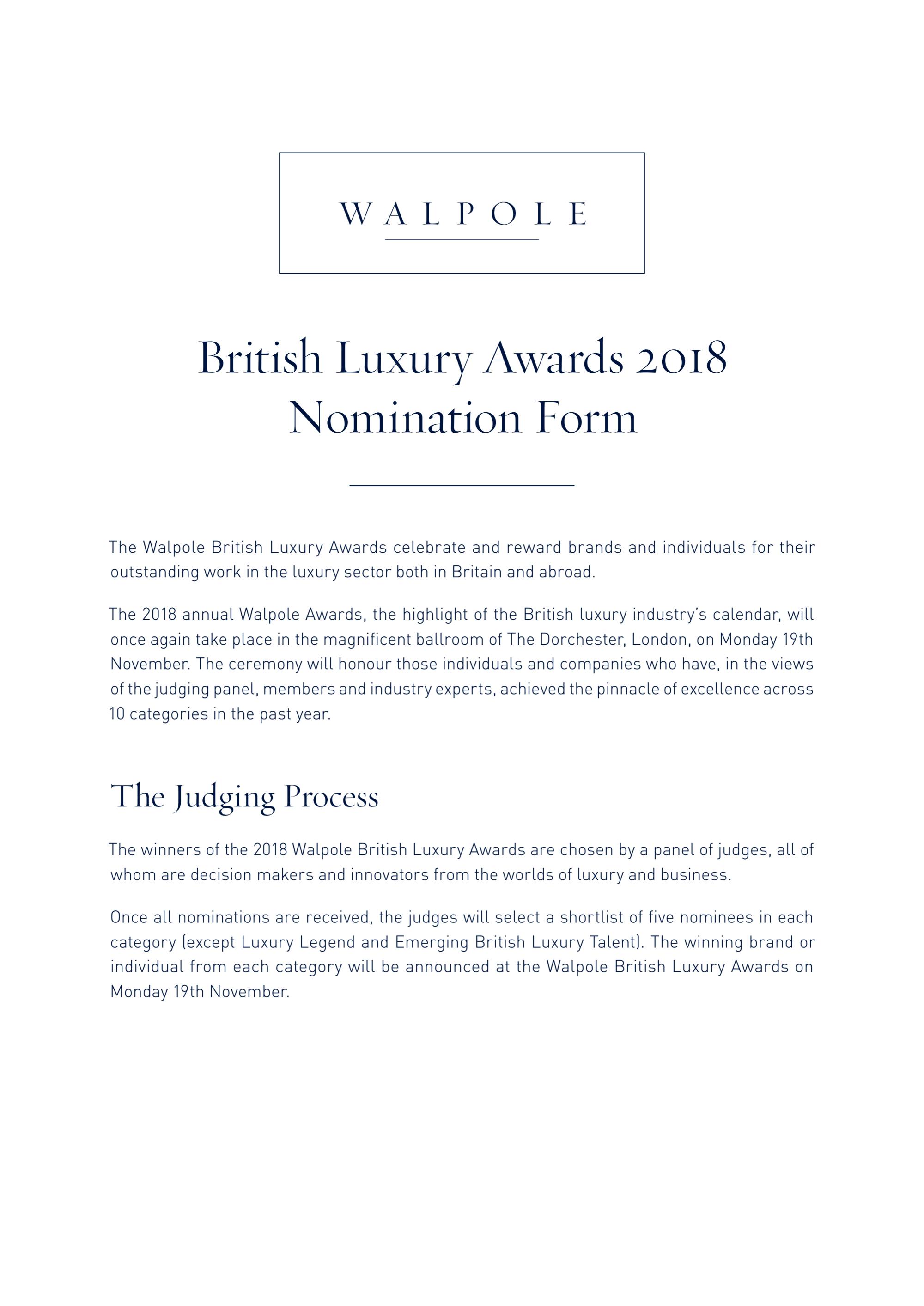 Walpole British Luxury Awards 2018  Nominations now open 